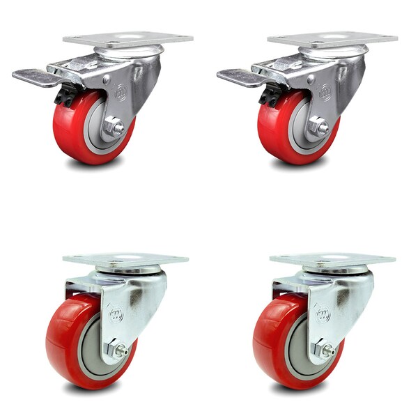 3 Inch Red Polyurethane Wheel Swivel Top Plate Caster Total Lock Brakes, 2PK